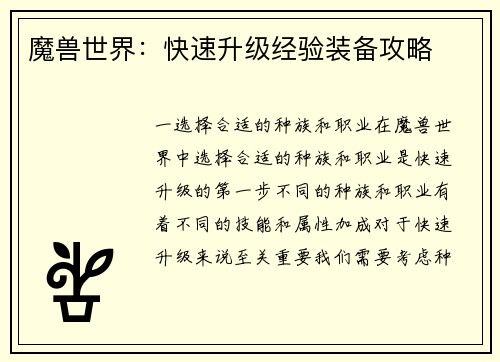 魔兽世界：快速升级经验装备攻略